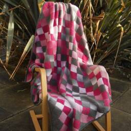 Throw/Blanket/Afghan, Hand Crocheted Tunisian Stitch Using Wool Mix Yarn. Pink/Grey/White Checkered/Harlequin Design, Approx 56 in X 46 - thumbnail 3