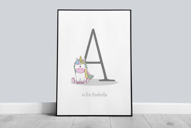 Personalised Unicorn Initial Print, Nursery Bedroom Prints, Boys Room, Girls Playroom Alphabet Print - image 1