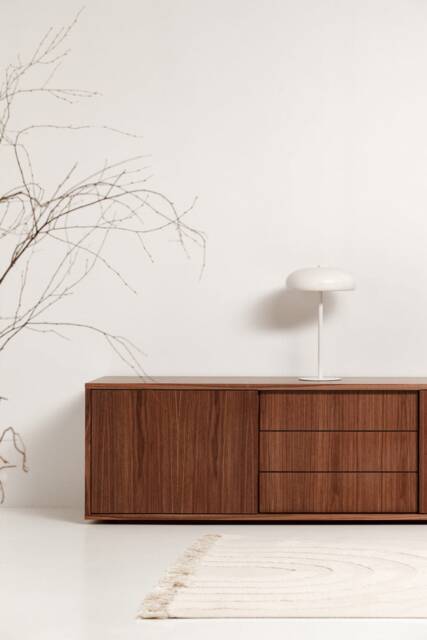 "Scandinavian Sideboard With Sliding Doors & Drawers, Walnut, 3 Drawers ""Mint" - image 1