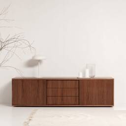"Scandinavian Sideboard With Sliding Doors & Drawers, Walnut, 3 Drawers ""Mint" - thumbnail 2