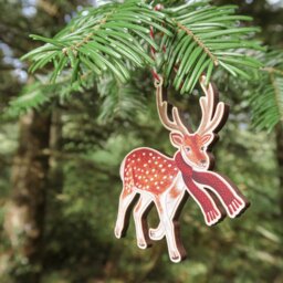 Deer in Scarf Wooden Decoration/Woodland Animal Christmas Tree Ornament Winter Gift Holiday Stocking Filler - thumbnail 2