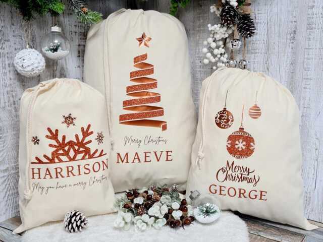 Santa Sack Copper Natural Personalised With Snowflake, Tree Or Bauble Print, Christmas Bag Personalized, Xmas Gift For Him Her, Custom Decor - image 1