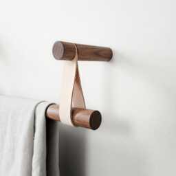 Walnut Curtain Rod Holder/Pole Holder, Leather Strap Curtain Hanger, Bracket. Not Included - thumbnail 1