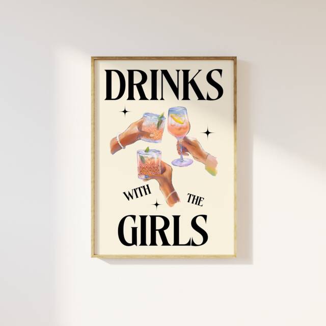 Trendy Drinks With The Girls Retro Print - Fun Dorm Uni, Kitchen Cocktails Alcohol Poster, Cool 90S Style, Besties, Funky Modern Art - image 1