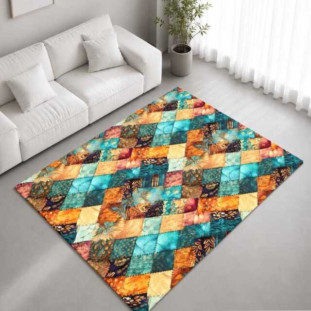 Turquoise Orange Patchwork Quilt Pattern Rug Non-Slip Soft Area Carpet Bedroom Living Room Hallway Mat Decor - Made in UK - image 1