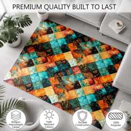 Turquoise Orange Patchwork Quilt Pattern Rug Non-Slip Soft Area Carpet Bedroom Living Room Hallway Mat Decor - Made in UK - thumbnail 3