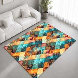 Turquoise Orange Patchwork Quilt Pattern Rug Non-Slip Soft Area Carpet Bedroom Living Room Hallway Mat Decor - Made in UK - thumbnail 1