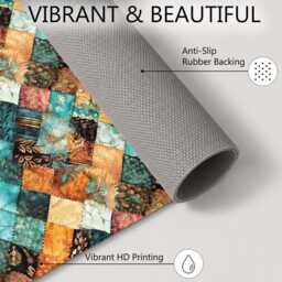 Turquoise Orange Patchwork Quilt Pattern Rug Non-Slip Soft Area Carpet Bedroom Living Room Hallway Mat Decor - Made in UK - thumbnail 4