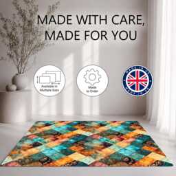 Turquoise Orange Patchwork Quilt Pattern Rug Non-Slip Soft Area Carpet Bedroom Living Room Hallway Mat Decor - Made in UK - thumbnail 2