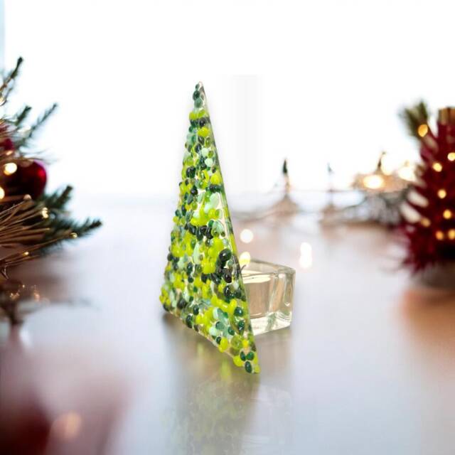 Handmade Green Fused Glass Christmas Tree Candle Holder - image 1