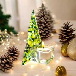 Handmade Green Fused Glass Christmas Tree Candle Holder - thumbnail 4