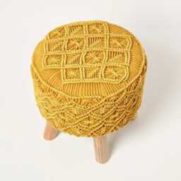 Macrame Knitted Pouffe On Legs Crochet Round Footstool Handmade 100% Cotton Tall Design 43 cm - thumbnail 4