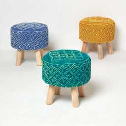 Macrame Knitted Pouffe On Legs Crochet Round Footstool Handmade 100% Cotton Tall Design 43 cm