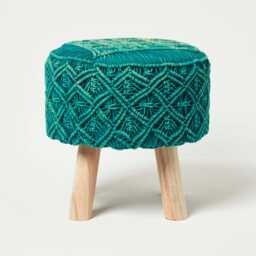 Macrame Knitted Pouffe On Legs Crochet Round Footstool Handmade 100% Cotton Tall Design 43 cm - thumbnail 2
