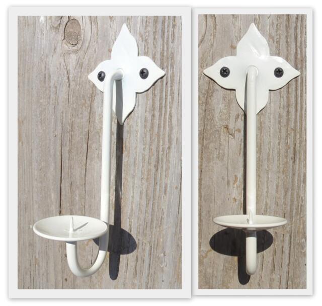 2 Hand Forged Candle Sconces Wall Hung Star Holders Ivory Cream White Metal Decor Christmas Gift 6.7 - image 1