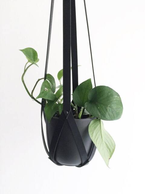 Gift For Plant Lovers Minimalistic Hanger Black Leather Ceiling Planter Hanging Modern Botanical Home Decor Holder - image 1
