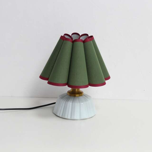 Handmade Moss Green Fabric Lamp With Burgundy Trim & Ceramic Base For Home Decor-50# - image 1