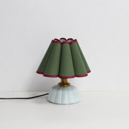 Handmade Moss Green Fabric Lamp With Burgundy Trim & Ceramic Base For Home Decor-50# - thumbnail 2