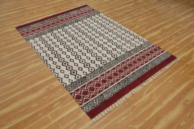 Maroon Block Printed Cotton Kilim Rug, Hand Woven - image 1
