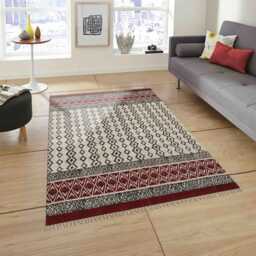 Maroon Block Printed Cotton Kilim Rug, Hand Woven - thumbnail 2