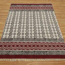 Maroon Block Printed Cotton Kilim Rug, Hand Woven - thumbnail 3