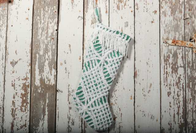 Fluffy Green & White Vintage Chenille Christmas Stocking With Matching Cuff - Wedding Ring, Flower - image 1