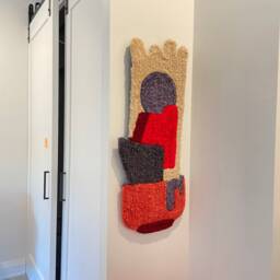 Wall Hanging Rug, Tufted Technique Geometric Textil Art, Red Violet & Beige Colors Totem Shape Tapestry - thumbnail 4
