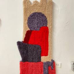 Wall Hanging Rug, Tufted Technique Geometric Textil Art, Red Violet & Beige Colors Totem Shape Tapestry - thumbnail 3