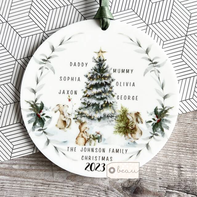 Personalised Family Christmas Gift Tree Woodland Animals Acrylic Or Ceramic Round Ornament Keepsake Bauble Decoration - image 1