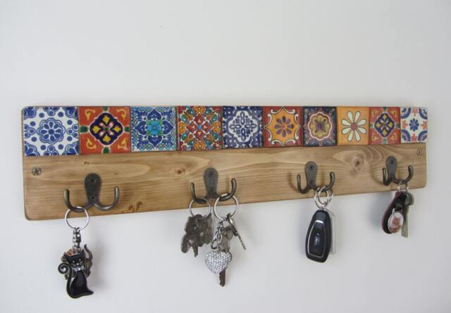 Mexican Theme Reclaimed Wood Coat Hooks/Robe Key Iron & Hand Painted Terracotta Tiles - image 1