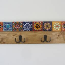 Mexican Theme Reclaimed Wood Coat Hooks/Robe Key Iron & Hand Painted Terracotta Tiles - thumbnail 4