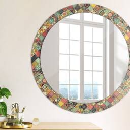 Ethnic Floral, Green, Round Mirror Frame, Glass Wall Art, High Quality Print - thumbnail 2