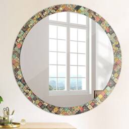 Ethnic Floral, Green, Round Mirror Frame, Glass Wall Art, High Quality Print - thumbnail 4