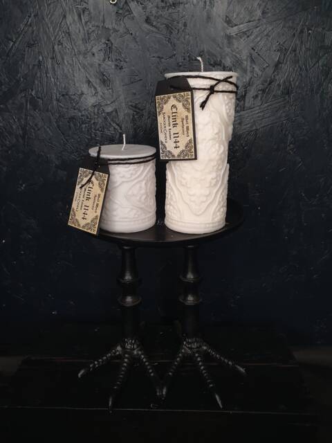 White Baroque Candle, Ornate Gothic Witchy Pillar Vegan Witches Candle // Sandalwood & Musk - image 1