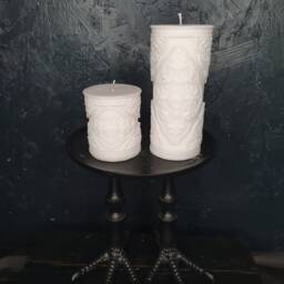 White Baroque Candle, Ornate Gothic Witchy Pillar Vegan Witches Candle // Sandalwood & Musk - thumbnail 3