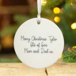 Personalised Christmas Tree Hanging Decoration, Porcelain Bauble With Message, Childrens 1st Bauble, Blue Decoration & Name - thumbnail 3