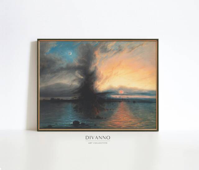 Sunset Over Water Print, Moonlit River Landscape Wall Art, Rock Of Salvation Painting Printable, Moonlight Poster Canvas, Home Decor - image 1
