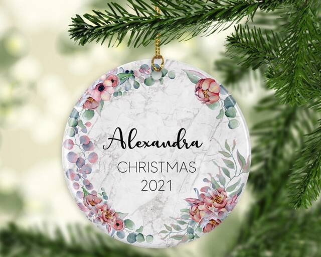 Personalised Baby's First Christmas Ornament Eucalyptus Greenery Marble Ceramic Keepsake Or Mdf Acrylic Bauble Disc - image 1