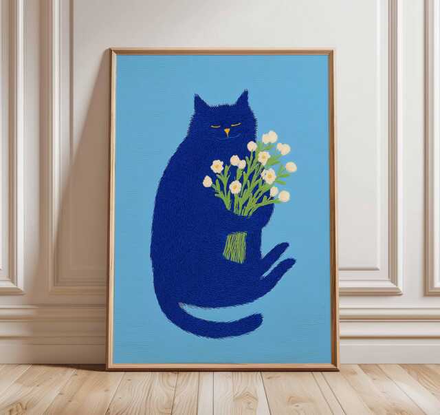 Blue Cat Poster, Modern Animal Wall Art Print, Quirky Holding Flowers Artwork, Playful Whimsical Home Decor For Lovers - image 1
