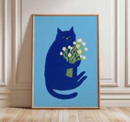 Blue Cat Poster, Modern Animal Wall Art Print, Quirky Holding Flowers Artwork, Playful Whimsical Home Decor For Lovers - thumbnail 1