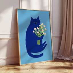 Blue Cat Poster, Modern Animal Wall Art Print, Quirky Holding Flowers Artwork, Playful Whimsical Home Decor For Lovers - thumbnail 2