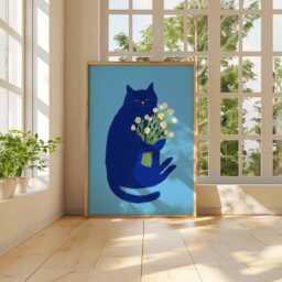 Blue Cat Poster, Modern Animal Wall Art Print, Quirky Holding Flowers Artwork, Playful Whimsical Home Decor For Lovers - thumbnail 3