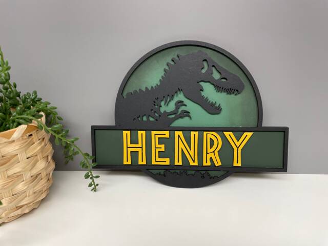 Dinosaur Name Plaque, Bedroom Decor, Wooden Door Sign - image 1
