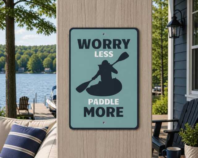 Worry Less Paddle More Metal Sign, Kayak Wall Art, Paddling Canoe Decor, Lake House Decor - image 1