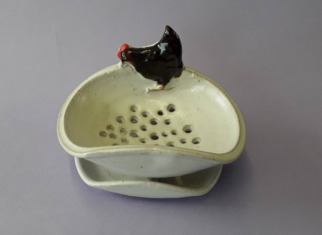 Stoneware Pottery Soap Dish & Saucer With Chicken, Hen. Hand Thrown Studio Ceramic - image 1