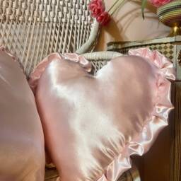 Handmade Pale Pink Satin Heart Pillow, Silk Ruffle Cushion - thumbnail 4