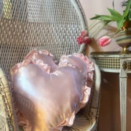 Beautiful Handmade Pale Pink Satin Heart Cushion, Shaped Pillow, Silk Ruffle Boudoir Old Hollywood Frilly Pillow - thumbnail 2