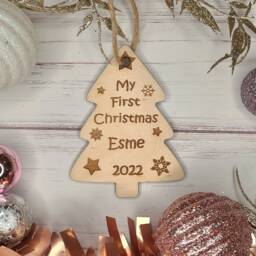 Personalised 2025 My First Christmas Tree Bauble Decoration Ornament ~ Wooden Xmas Gift - thumbnail 1