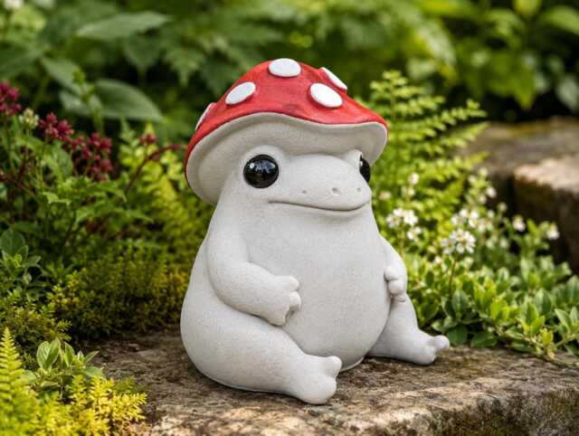 Mushroom Garden Ornament - Cast Stone Frog Statue Fairy Decor Handmade UK - image 1