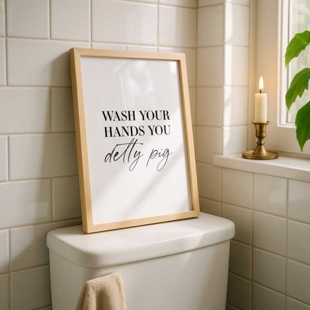Bathroom Print - Wash Your Hands You Detty Pig Funny Wall Art Decor Downstairs Loo - image 1